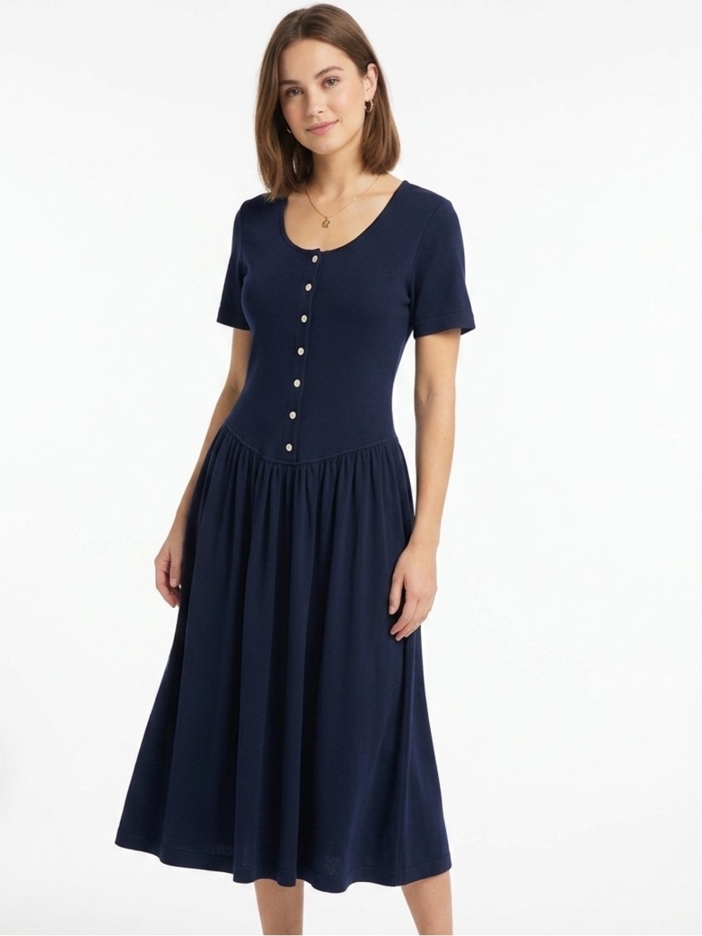 Lands End Navy Knit Midi Dress Medium Petite NWT
